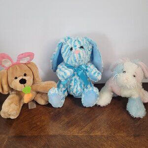 Set of 3:Hug&Luv Blue/White Bunny, Animal Adventure Dog, Ganz Cotton Candy Bunny